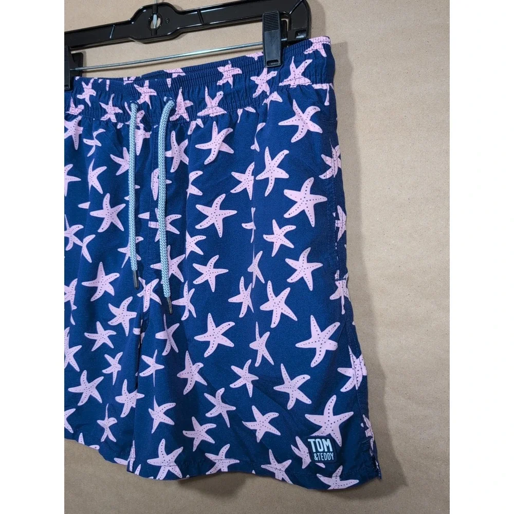 Tom & Teddy‎ Men's Medium Swim Trunks Purple With Pink Starfish Lined, Pockets